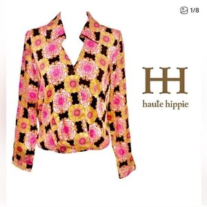 HAUTE HIPPIE Medallion Wrap Long Sleeve Top Wrap Boho Size Medium